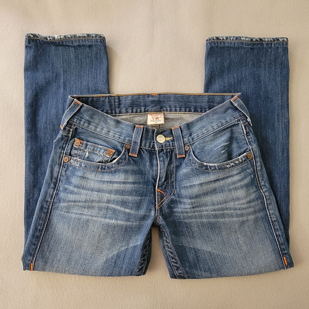 True Religion Womens Bobby Straight Leg Jeans Blue Whiskered Stitching USA 30